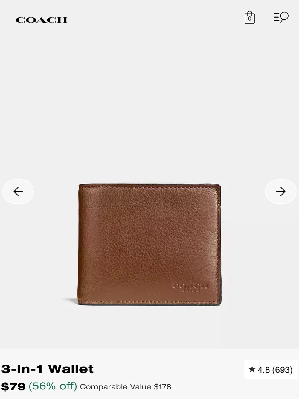 Coach Brown Pebbled Leather 3-in-1 Wallet